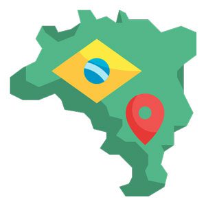 A imagem mostra um desenho do mapa da américa latina na cor verde e um símbolo da bandeira do brasil, além de um ícone de localização vermelho | Rede Credenciada Nacional | Plano de Saúde para Pequenas e Médias Empresas | Whare Seguros