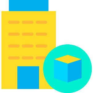 A imagem mostra o desenho de um prédio amarelo com porta azul e a imagem de um cubo no canto inferior direito | Custo Sob Medida | Plano de saúde empresarial | Whare Seguros