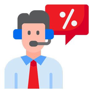 A imagem mostra o desenho de um homem usando um headphone e um balão de fala vermelho com símbolo de porcentagem dentro | Custos Menores | Plano de Saúde para Pequenas e Médias Empresas | Whare Seguros