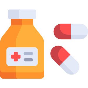 A imagem mostra um desenho de um frasco de remédio laranja e duas cápsulas de remédio vermelha e branca | Descontos Especiais | Plano de Saúde para Pequenas e Médias Empresas |  Whare Seguros