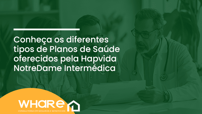 Imagem de três médicos, dois homens e uma mulher, discutindo documentos em um consultório, com o texto: Conheça os diferentes tipos de Planos de Saúde oferecidos pela Hapvida NotreDame Intermédica.